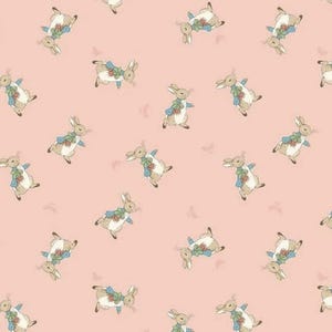 May include: A repeating pattern of Peter Rabbit illustrations on a light pink background. The rabbits are depicted in their signature blue jackets and are holding carrots. Small butterfly illustrations are scattered throughout the design.