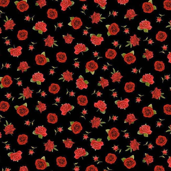 Red Roses on Black from Timeless Treasures - Small Vintage Roses - 100% COTTON Fabric - Quilting Fabric and Apparel Fabric