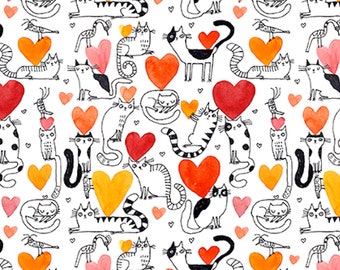 Hearts and Cats (Coral) by Terry Runyan - COTTON Quilting Fabric and Apparel Fabric, Quality Premium Fabric, Cat Lover Fabric C14