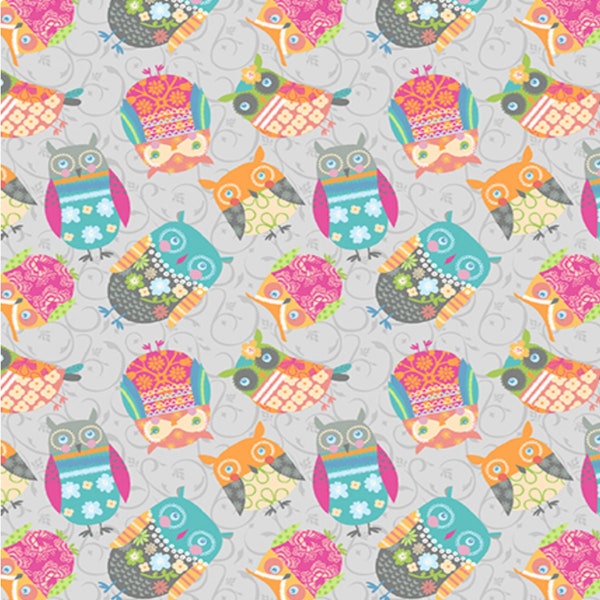 Owls Fabric (Small) on Light Grey - 100% COTTON Fabric by Jessica Flick for Benartex - Quality Cotton Quilting Fabric (Choose Your Cut Size)