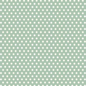 May include: A fabric with a repeating pattern of white polka dots on a light green background. The dots are evenly spaced and create a classic, playful design. The image includes a ruler along the bottom edge, showing measurements in inches.