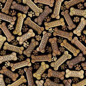 Good Dog - Tossed Dog Bones on Black - 100% COTTON Fabric - Quilting Fabric, Fabric by the Yard or Choose Your Cut - Designer Fabric