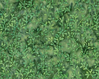 Green Batik Leaf Cotton, Botanical Foliage Print, Spearmint Quilting Craft Material