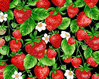 Realistic Strawberries and Blooms on Vines - 100 % COTTON Fabric - Quality Cotton Fabric - Quilting Fabric by the Yard or Select Length
