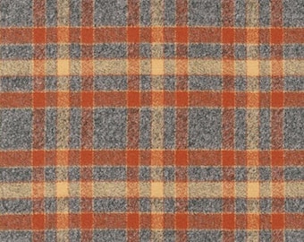 Rust Plaid Flannel Cotton, Orange Yellow Gray Check, Mammoth Fabric for Quilting Apparel