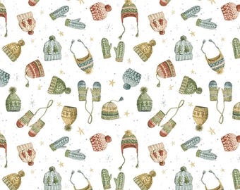 May include: A repeating pattern of winter hats and mittens in various colors, including red, green, and beige, on a white background. The hats and mittens have different designs, some with pom-poms and others with cable knit patterns. Small gold stars are scattered throughout.