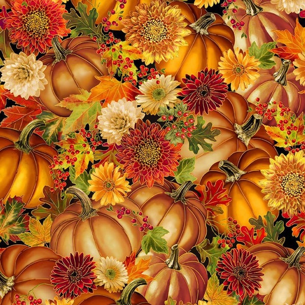 Thankful - Packed Metallic Pumpkin Florals from Timeless Treasures - 100% COTTON Fabric - Quality Cotton Fabric - Pumpkin, Fall Fabric