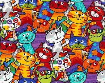Happy Cats - COTTON Quilting Fabric - Stacked Cats by Gail Gadden -  Cotton Cat Fabric - 100% Cotton Fabric (Choose Your Cut Size)
