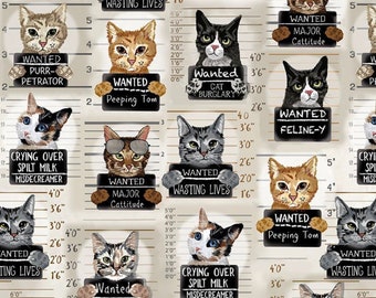 Cat Mugshots Cotton Fabric for Quilting and Apparel