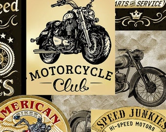 Motorcycle Fabric - 100% COTTON Fabric, Cotton Quilt Fabric - Packed Vintage Motorcycle Signs by Michael Miller - Gift for Him