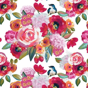 Colorful Flowers - Blue Bird - Poppies & Plumes Main White by Riley Blake Designs - 100%  COTTON Fabric, Apparel Fabric and Quilt Fabric