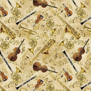 Instruments Fabric - COTTON Quilting Fabric - Symphony Instruments by Timeless Treasures with Gold Metallic Accents - Music Note Fabrics