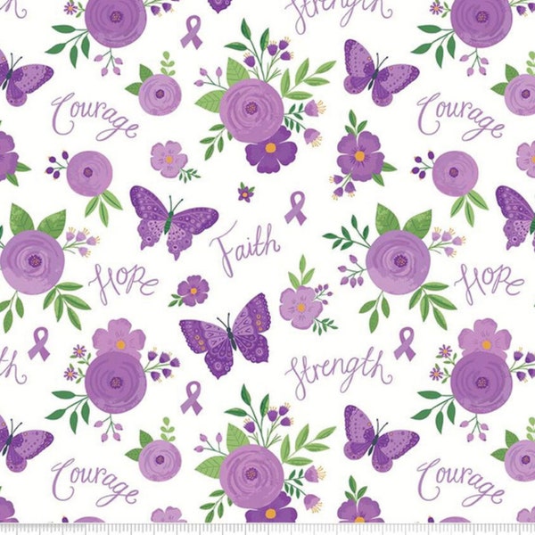 Strength, Faith, Courage and Hope - Strength In Lavender Main on White by Riley Blake Designs - 100% COTTON Fabric, Quilting Fabric