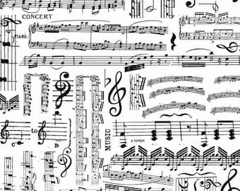 Musical Notes on White - 100% COTTON Fabric, Music Sheets, Music Fabric, Quality Quilting Fabric, Apparel Fabric, (Choose Your Cut Size )