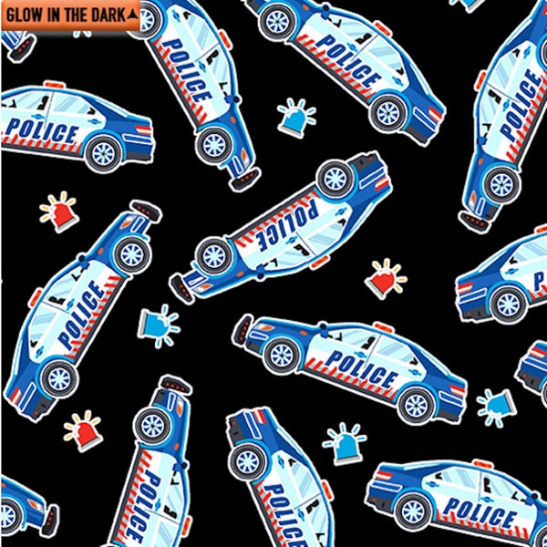 Police Cars on Black - Glow in the Dark Fabric - Save the Day by Kanvas Studio - 100% Cotton Fabric, Cotton Quilting Fabric, Kids Fabric C27