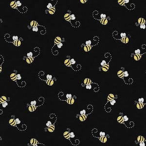 Bumble Bee Fabric - Cute Flying Bee on Black by Gail Cadden- 100% COTTON Fabric, Apparel Fabric, Quilt Fabric by the Yard or Select Length