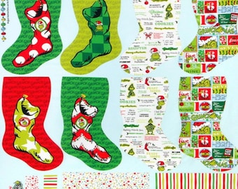 DIY Grinch Stockings Panel (approx 36"x44") from Dr Seuss's Robert Kaufman's How The Grinch Stole Christmas- 100% Cotton Quilt Fabric C30