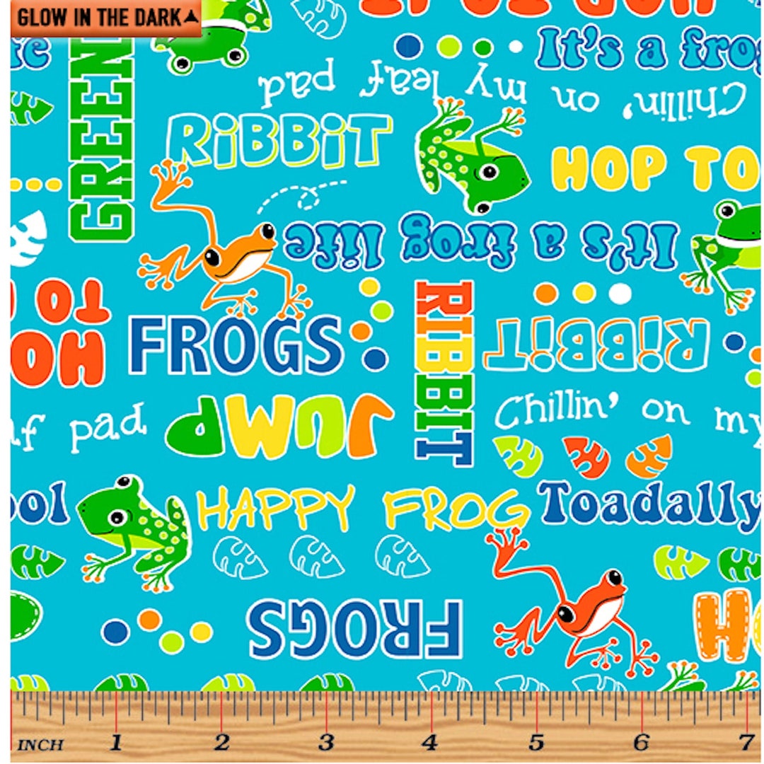 Say Ribbit TURQUOISE Toadally Cool Glow in the Dark Fabric by Benartex COTTON Quilt Fabric Kids