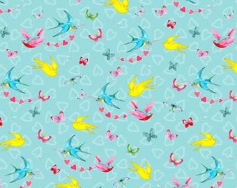 Birds and Butterflies in Aqua, Heart & Soul Collection, 100% COTTON Quilt Fabric C7