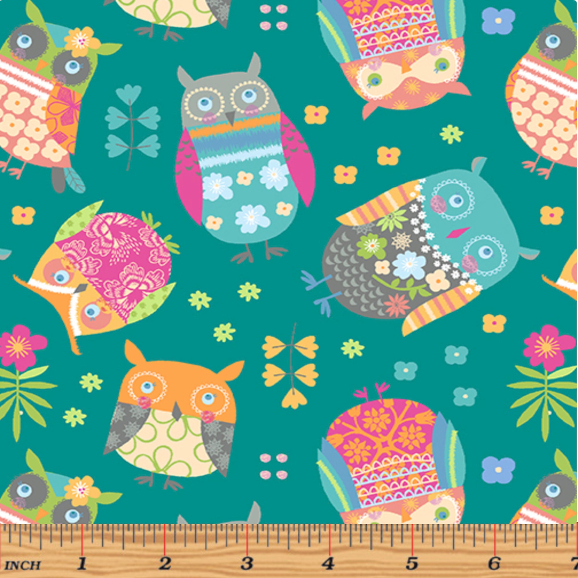 Teal Owl Fabric: Benartex Jessica Flick Cotton Quilting Fabric