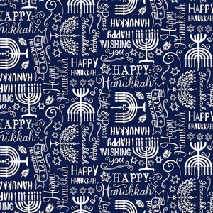 Festival of Lights Symbols White and Navy - Menorah & Happy Hanukkah Text by Gail Cadden - 100% COTTON, Quilting Fabric