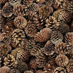 May include: A dense collection of natural brown pine cones of varying sizes and shapes. Each pine cone features a woody, layered texture with overlapping scales, creating a rustic, organic pattern that fills the entire frame from edge to edge.