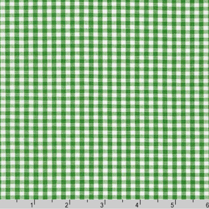 May include: Green and white gingham fabric. The fabric features a classic checkered pattern with alternating squares of green and white. The pattern is evenly spaced and creates a visually appealing design, suitable for various crafting and sewing projects.