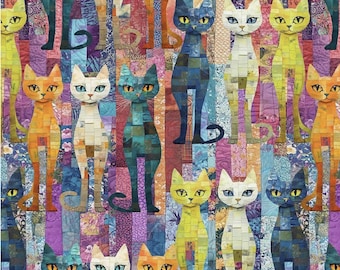 May include: A colorful patchwork quilt featuring stylized cat figures in various colors, including orange, blue, and white. The cats have large eyes and are set against a background of patterned fabric strips. The quilt has a whimsical, artistic design.
