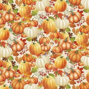 Pumpkin on Leaves Cream Cotton Fabric – Fall Harvest Quilting Material
