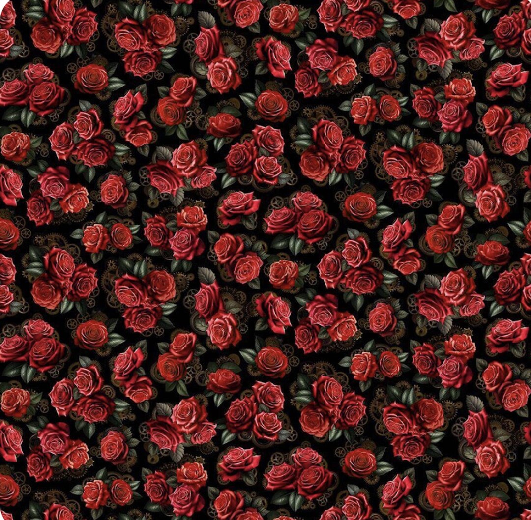 Red Roses on Black From Timeless Treasures - Small Vintage Roses - 100% ...