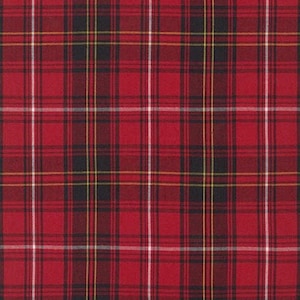 May include: A close-up of a red plaid fabric with black, white, and yellow lines. The pattern is a classic tartan design, with intersecting vertical and horizontal stripes creating a grid-like appearance. The fabric has a woven texture.