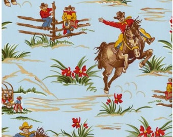 Cowboy COTTON Fabric on blue by Barn Dandys - 100% Cotton Fabric, Quality Quilting Fabric, Cotton Fabric by the Yard or Select Length