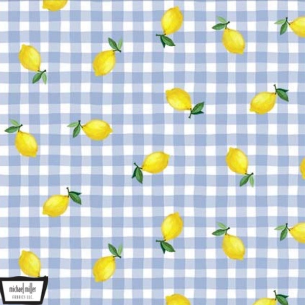 Lemons on Blue Gingham - 100% COTTON Fabric - Lemon Squeeze by Michael Miller - Quality Quilting Cotton Fabric by the Yard or Select Lenght