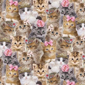 Packed Princess Kitty Fabric  100% Cotton Fabric- Teacup Kitty Collection - Quality Quilting Fabric by the Yard or Select Length