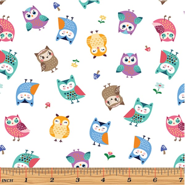 Woodland Owls on White - 100% COTTON Fabric by Kanvas Studio - Quality Quilting Cotton Fabric,  Premium Cotton, (Choose Your Cut Size)