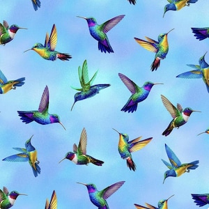 Flying Hummingbirds - 100% Cotton - Quilting Fabric by Chong-A Hwang on Sky Blue