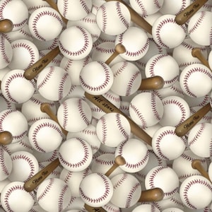 May include: A repeating pattern of white baseballs with red stitching and brown wooden baseball bats. Some bats feature the text Home Run or All Stars printed in a dark script font. The design is densely packed with overlapping sports equipment.