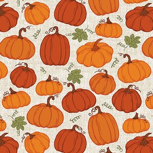 Puede incluir: Un patr&oacute;n sin costuras que presenta varios tama&ntilde;os y formas de calabazas naranjas y marrones sobre un fondo beige. Las calabazas est&aacute;n dibujadas en un estilo de dibujos animados con detalles simples.
