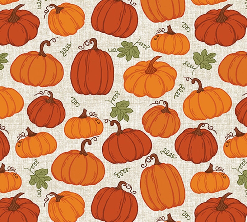 Puede incluir: Un patr&oacute;n sin costuras que presenta varios tama&ntilde;os y formas de calabazas naranjas y marrones sobre un fondo beige. Las calabazas est&aacute;n dibujadas en un estilo de dibujos animados con detalles simples.