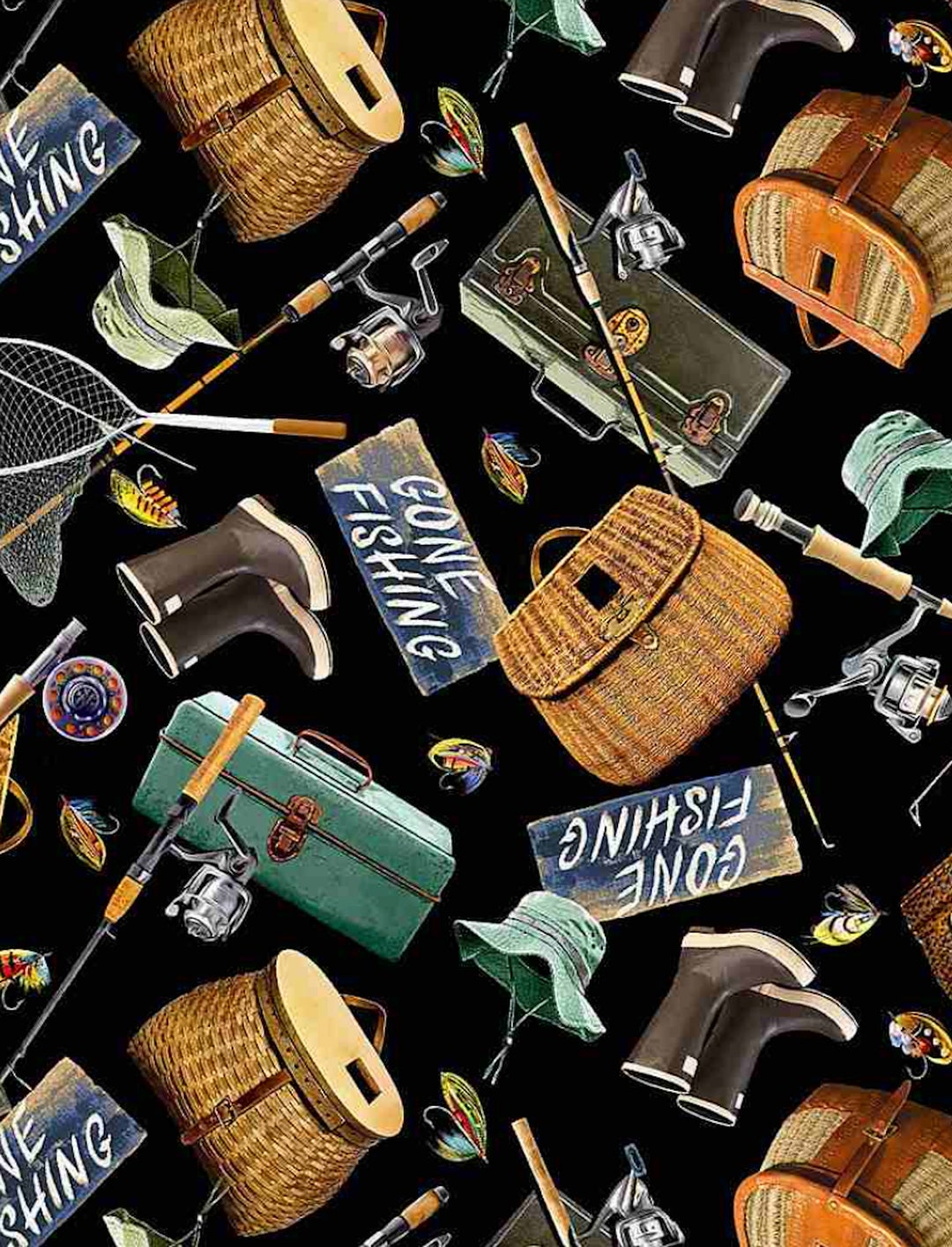 Fishing Gear Fabric Lakeside Cabin by Timeless Treasure COTTON Quilting