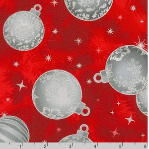 Red Ornament Fabric - Scarlet from Holiday Flourish 14 - Robert Kaufman Fabric - Quilting COTTON Fabric with Silver Metallic Accents, D30