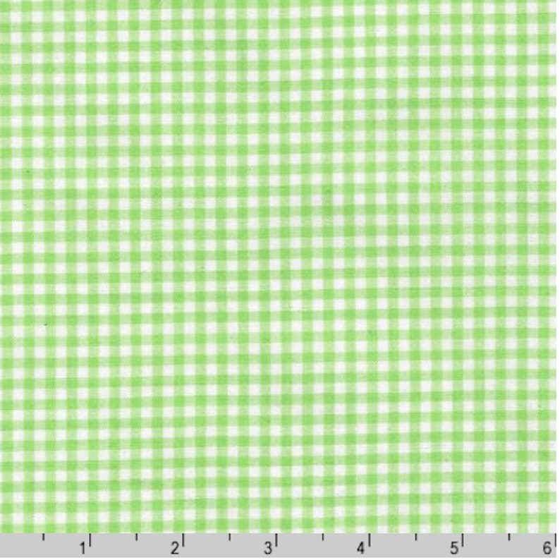 May include: A green and white gingham fabric with a small check pattern. The fabric is woven and has a smooth texture.