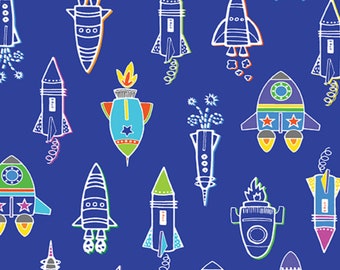 Rocket Lift Off Blue by Kanvas Studio - 100% COTTON Fabric -Glow in the Dark- Cotton Quilt Fabric by the Yard or Select Length