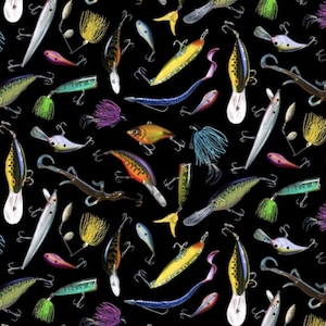 May include: A repeating pattern of various fishing lures on a black background. The assortment includes colorful crankbaits, jigs with feathered skirts, soft plastic worms, and minnow-shaped plugs, all featuring metal hooks and detailed textures.