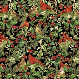 Cardinal Bird Winter Fabric on Black - Cardinal on Branches from Timeless Treasures with Gold Metallic Accents- 100% COTTON Fabric