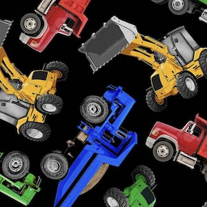 Tossed Constructions Trucks on Black - 100% COTTON Fabric - COTTON Quilting Fabric - Quality Cotton Fabric by the Yard or Select Length