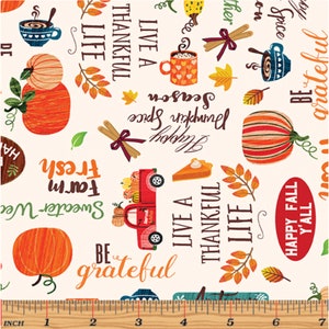 May include: A white background with a colourful autumn themed pattern. The pattern includes pumpkins, leaves, a red truck, and text that says "Live a Thankful Life", "Happy Pumpkin Spice Season", "Sweater Weather", "Farm Fresh", "Be Grateful", and "Happy Fall Y'all".