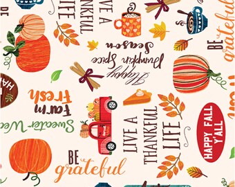Autumn Words on Cream by Kanvas Studio - COTTON Quilting Fabric, Premium Cotton - Live a Thankful Live - Fall Fabric - Choose Your Cut Size