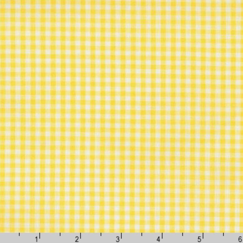 May include: Yellow and white gingham fabric with a 1/4 inch check pattern. The fabric is shown in a 6 inch wide swatch.