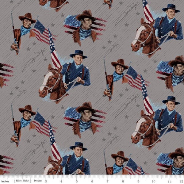 John Wayne Americana Main Gray - Riley Blake Designs - Tessuto 100% COTONE, Tessuto Cowboy Occidentale, Icona Hollywood, Tessuto Quilting